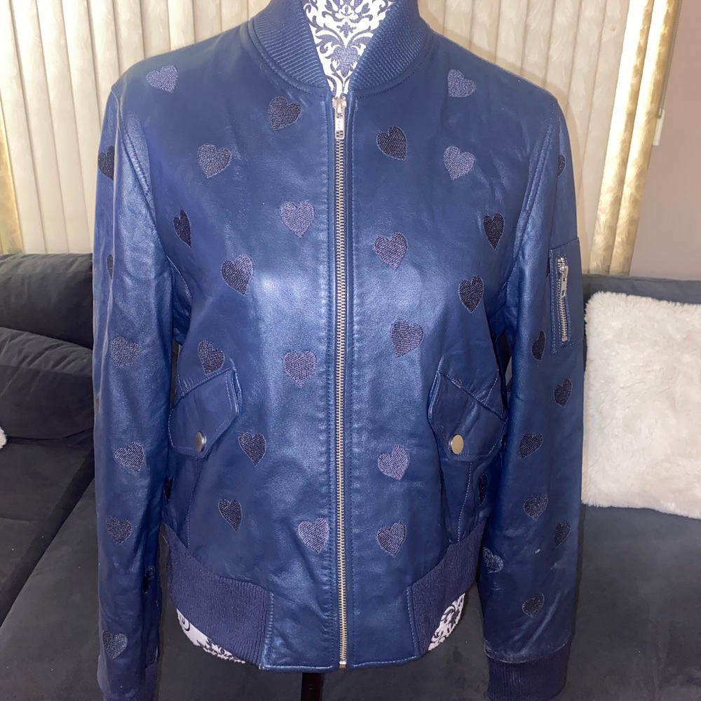 Woman’s Samantha Sipos Navy Heart Embroidered Sheep Leather Bomber Jacket !